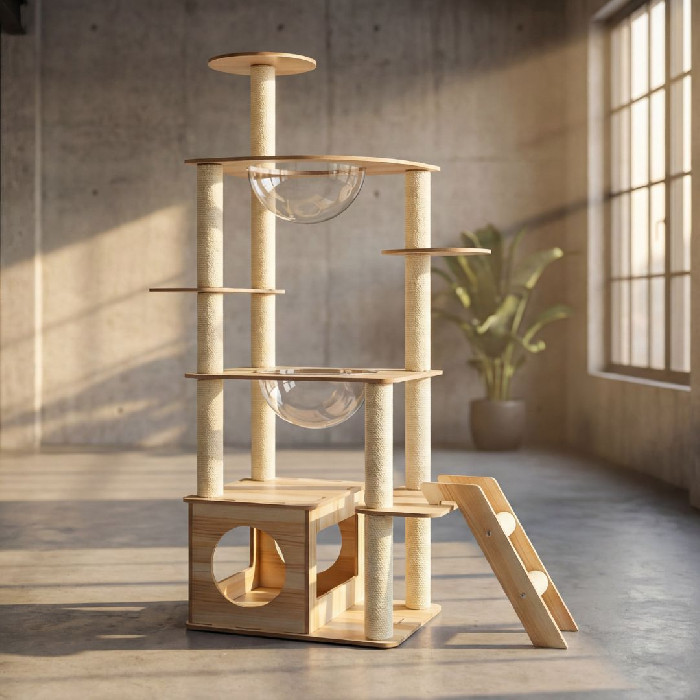 Design Wooden Cat Tree with Double Capsules 144 cm | Luxury Cat ...